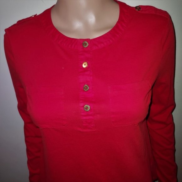 Vtg Tommy Hilfiger Red Collarless Partial Button Blouse Front w/Pockets Size XS - Picture 2 of 4